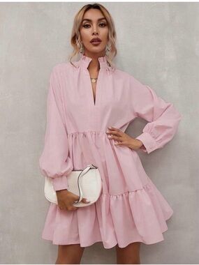 Soft Pink Frilled Stand Collar Long-Sleeve Ruffle Tiered Dress Cowgirl